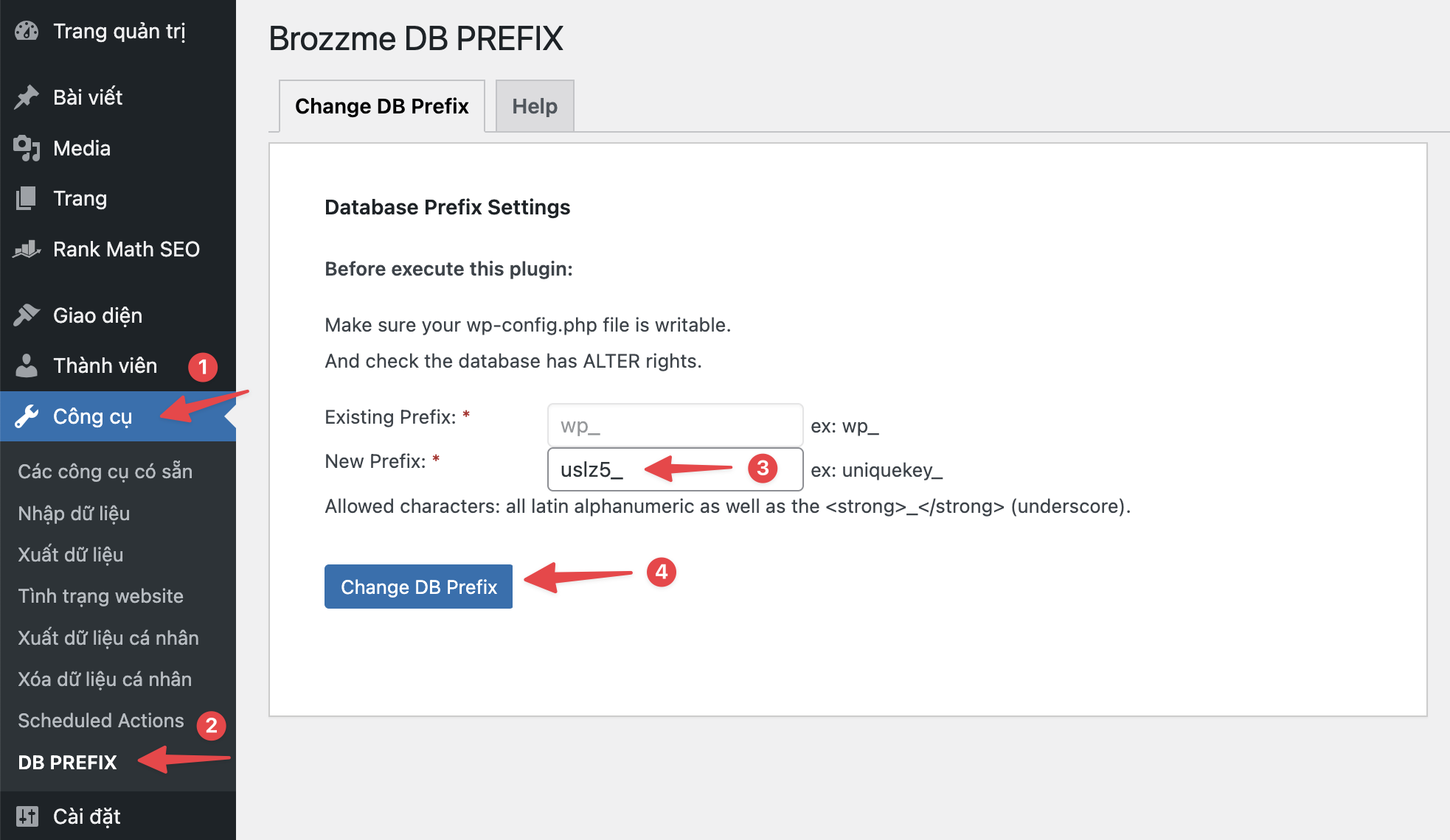 Hướng dẫn thay đổi table_prefix trên WordPress